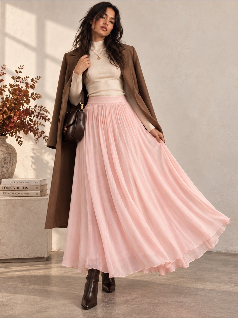 Apart Vintage Sheer Blush Pink Pleated Chiffon Maxi Skirt - Size 6